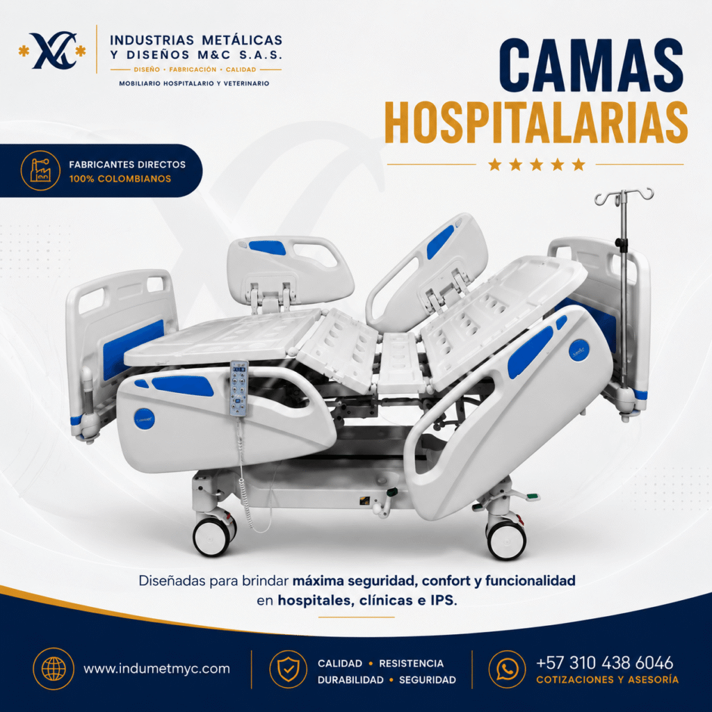 Camas hospitalarias fabricadas en Colombia por Industrias Metálicas y Diseños M&C S.A.S. para hospitales, clínicas e IPS.