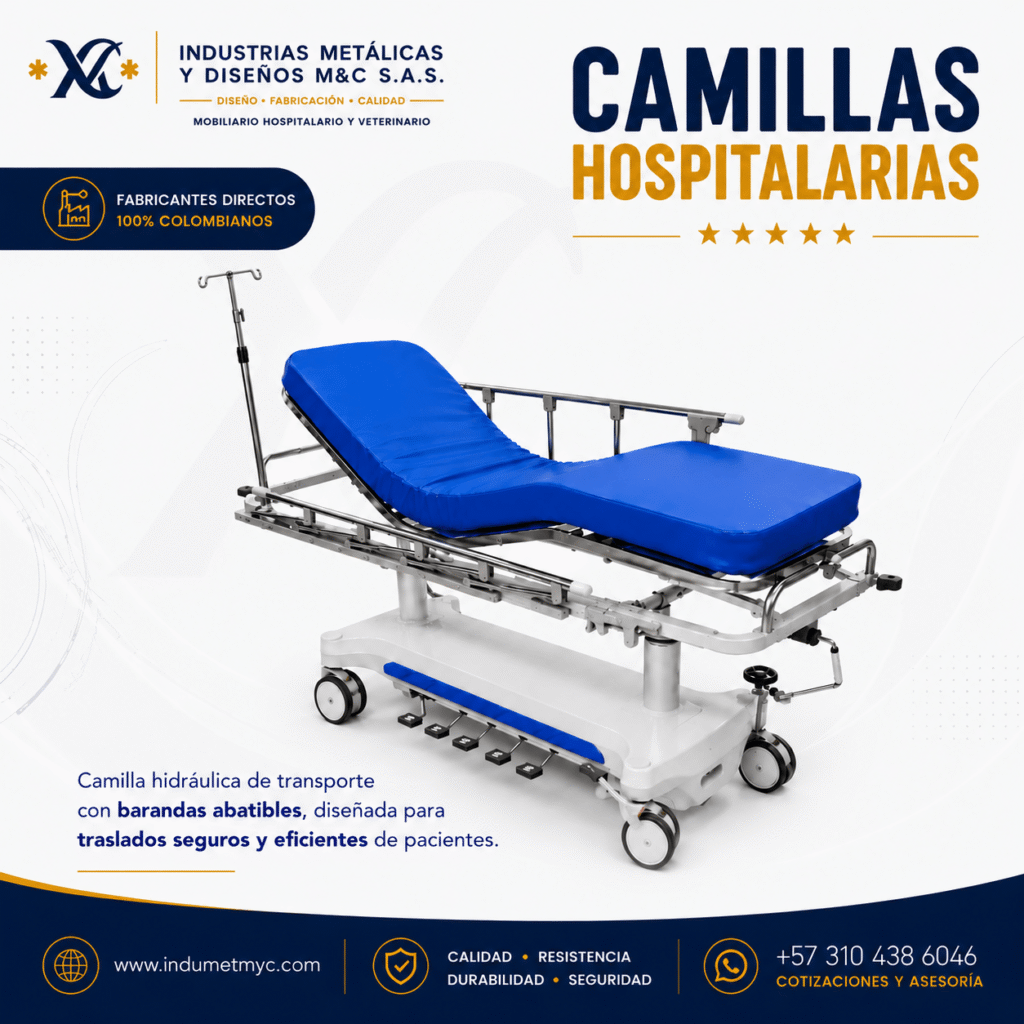 Camillas hospitalarias fabricadas en Colombia para traslado seguro de pacientes en hospitales, clínicas e IPS.