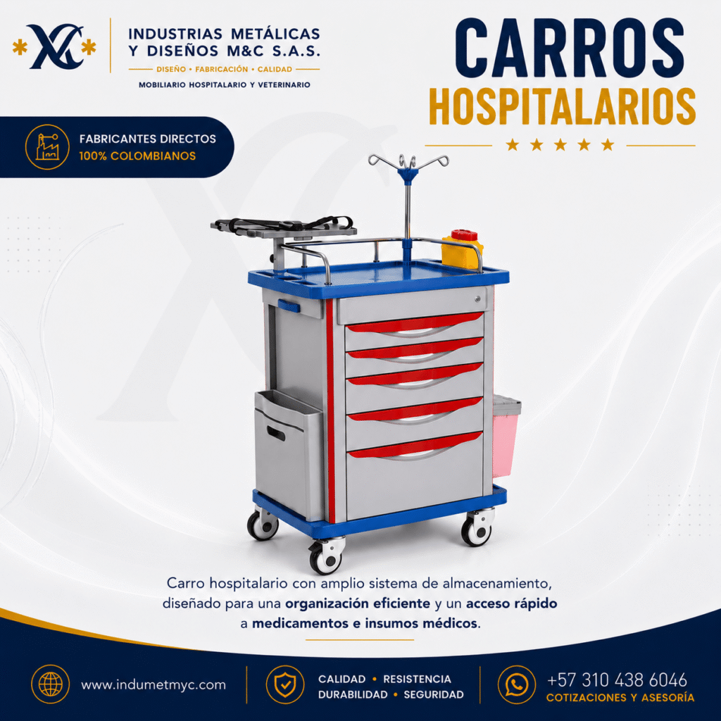 Mesas hospitalarias en acero inoxidable fabricadas en Colombia para hospitales, clínicas e instituciones de salud.