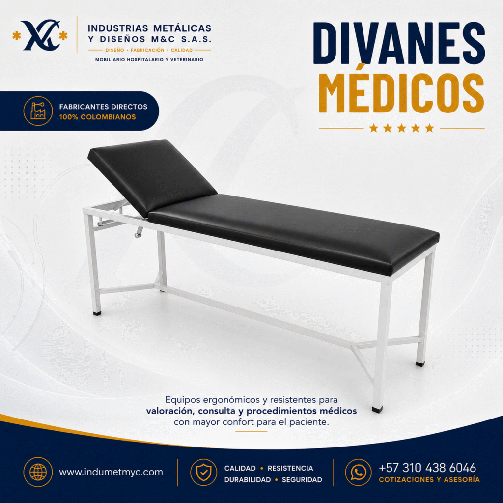 Diván médico reclinable fabricado en Colombia por Industrias Metálicas M&C para consultorios médicos, hospitales, clínicas e IPS.
