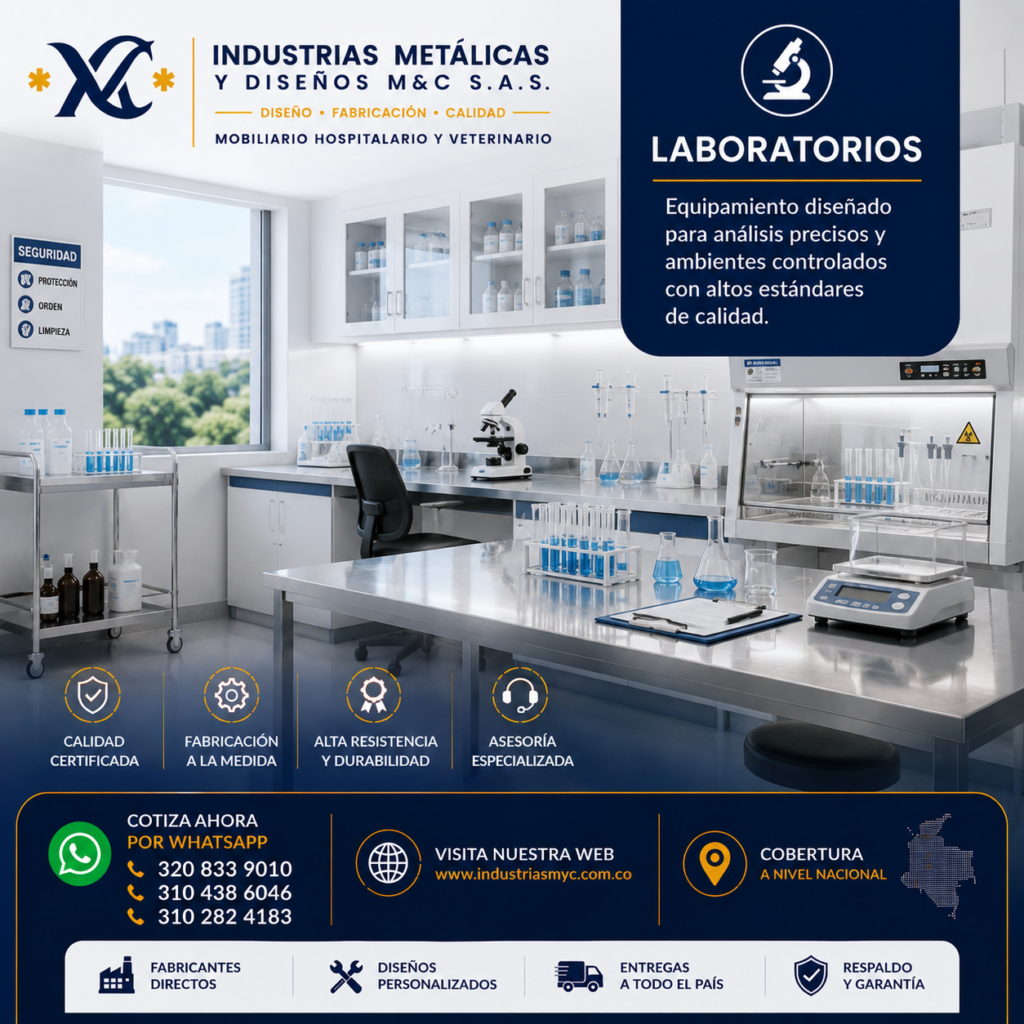 Laboratorio equipado con mobiliario en acero inoxidable fabricado por Industrias Metálicas y Diseños M&C S.A.S. para análisis clínicos y científicos.