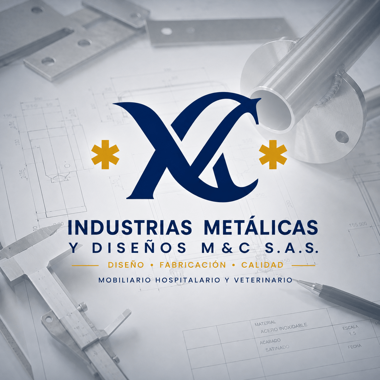 Logotipo oficial de Industrias Metálicas y Diseños M&C S.A.S., fabricantes colombianos de mobiliario hospitalario, mobiliario clínico, equipos médicos y mobiliario veterinario en acero inoxidable.