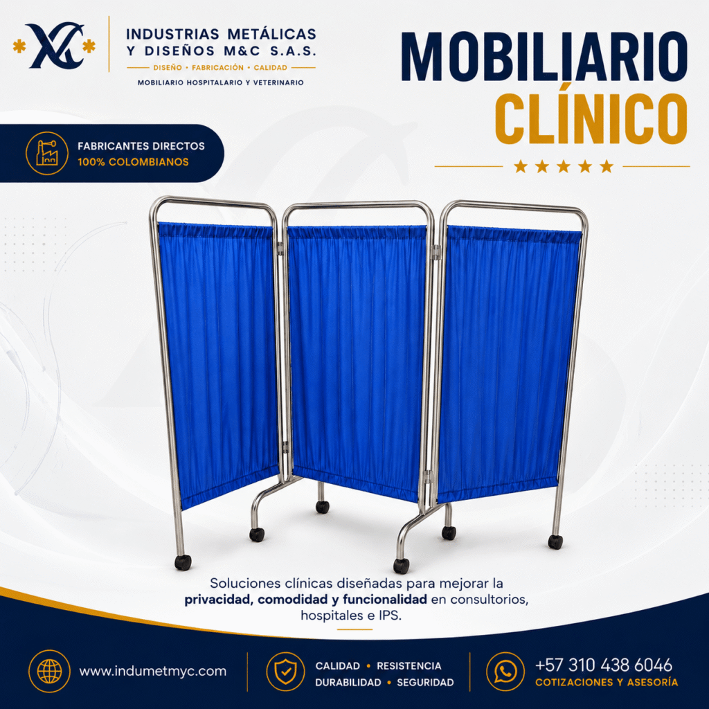 Mobiliario clínico fabricado en Colombia por Industrias Metálicas M&C S.A.S. Biombo hospitalario en acero inoxidable para consultorios, clínicas, hospitales e IPS.
