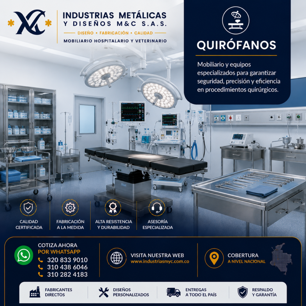 Quirófano equipado con mobiliario hospitalario y equipos en acero inoxidable fabricados por Industrias Metálicas y Diseños M&C S.A.S.